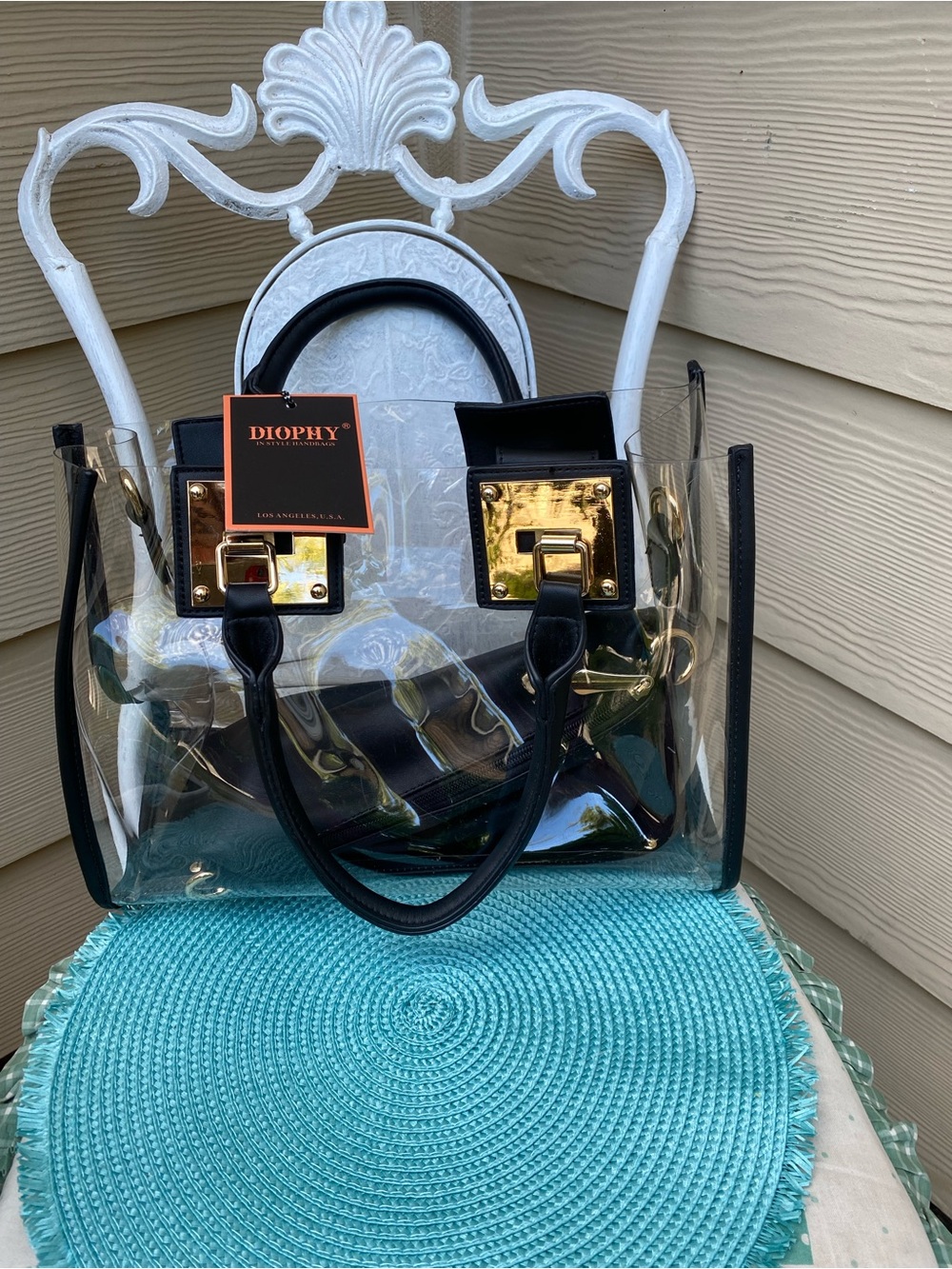 Diophy Transparent Tote Bag with Black Trim and Gold Accents